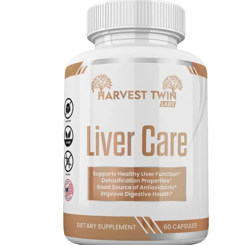 A white bottle of Harvest Twin Labs Liver Care dietary supplement with a white cap, featuring a white label with brown and gold accents and text.
