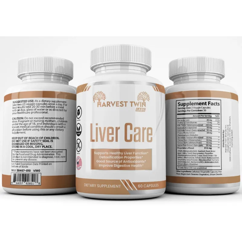 Three supplement bottles labeled Harvest Twin Liver Care shown on a white background, with the center bottle facing front and the side bottles showing back panels.