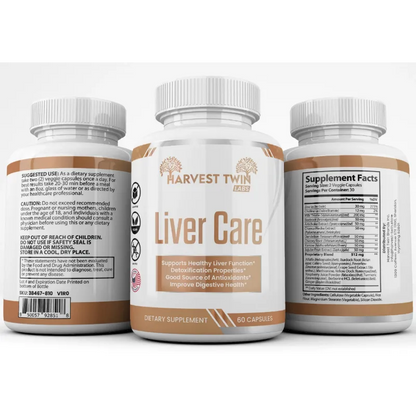 Three supplement bottles labeled Harvest Twin Liver Care shown on a white background, with the center bottle facing front and the side bottles showing back panels.