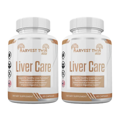 Two white bottles of Harvest Twin Labs Liver Care dietary supplement, side by side on a plain white background.