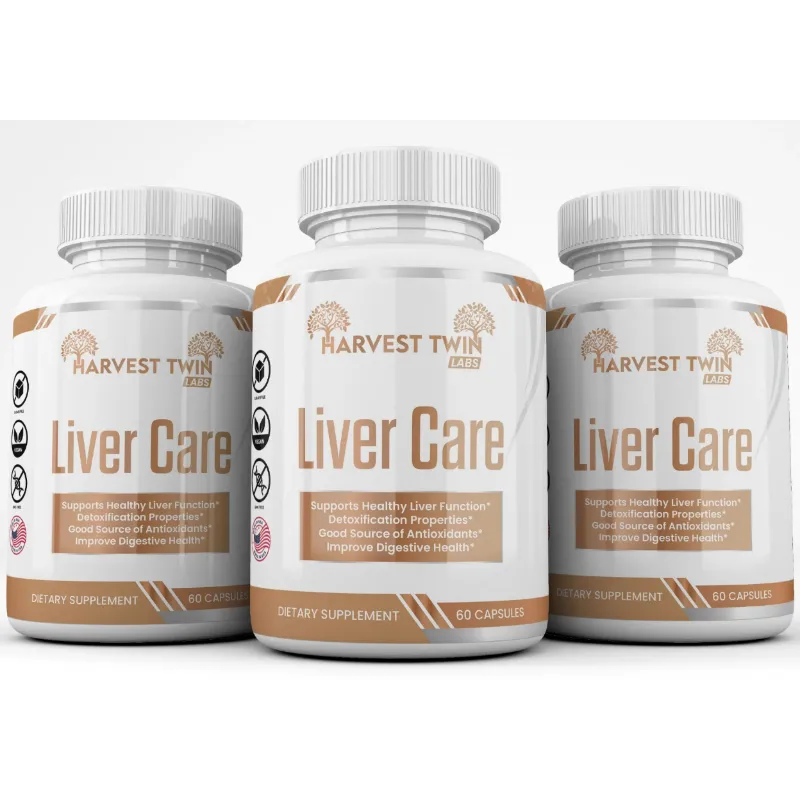 Three white bottles of Harvest Twin Labs Liver Care dietary supplement arranged side by side on a solid black background.