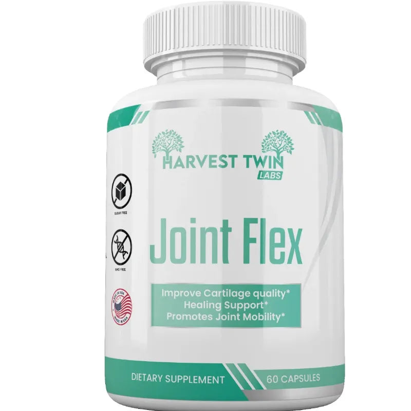 A white plastic bottle of Harvest Twin Labs Joint Flex dietary supplement with a white ribbed cap, featuring a white label with teal accents and text.