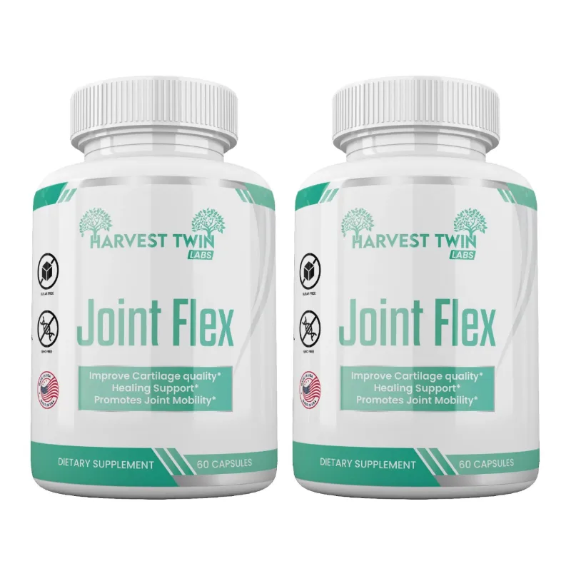Two white bottles of Harvest Twin Labs Joint Flex dietary supplement capsules, shown side by side on a plain white background.
