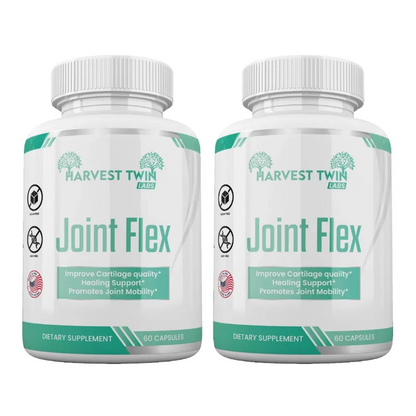 Two white bottles of Harvest Twin Labs Joint Flex dietary supplement capsules, shown side by side on a plain white background.