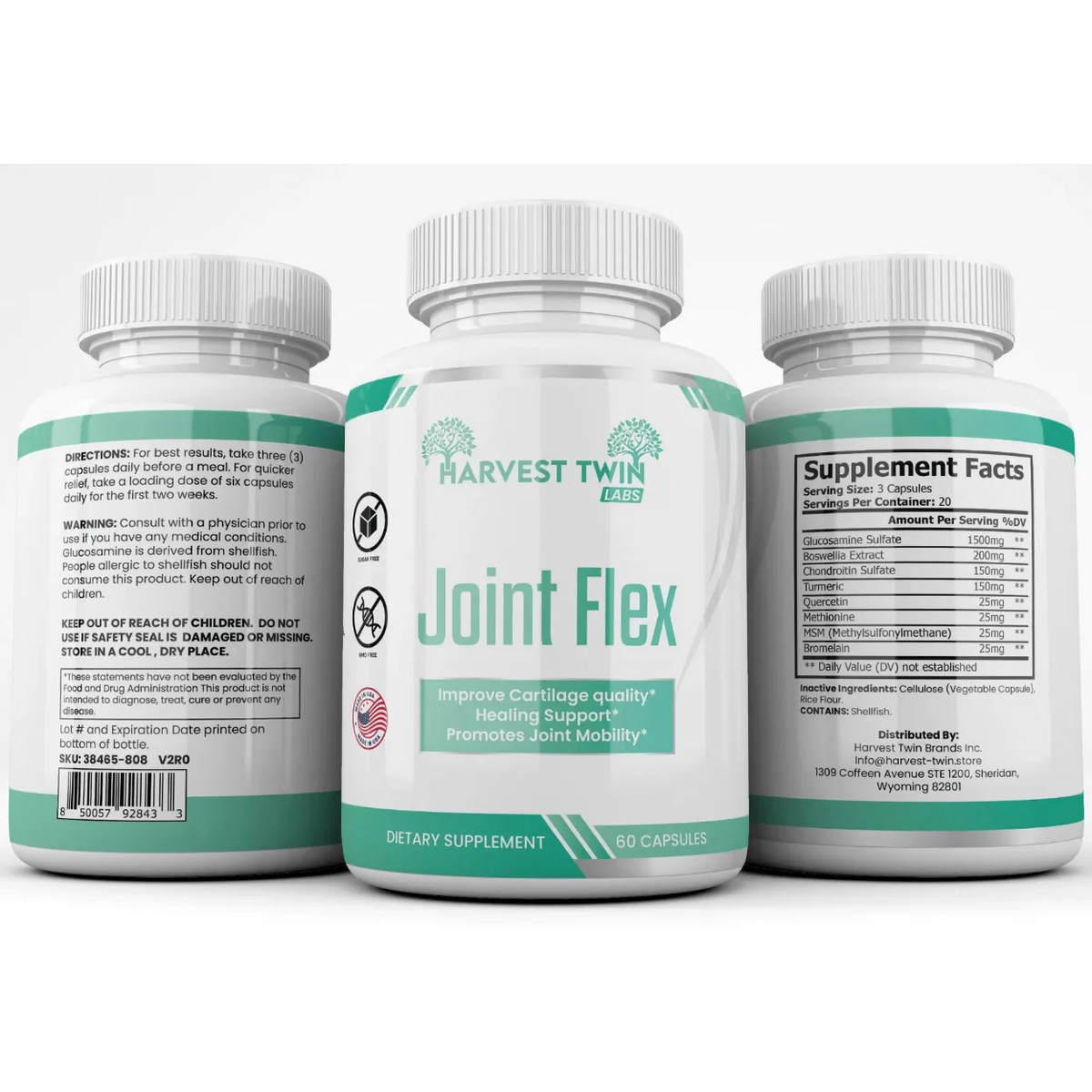 Three white supplement bottles for Harvest Twin Labs Joint Flex are shown on a white background, displaying the front label, back instructions, and supplement facts.