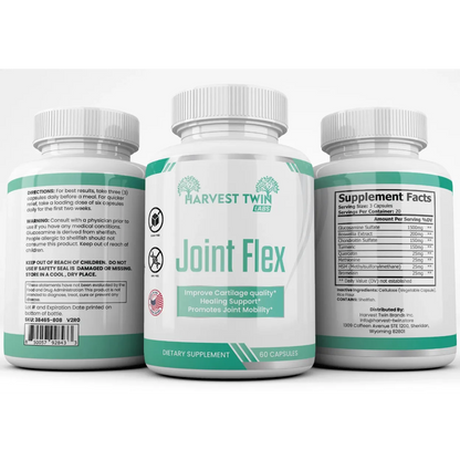 Three white supplement bottles for Harvest Twin Labs Joint Flex are shown on a white background, displaying the front label, back instructions, and supplement facts.