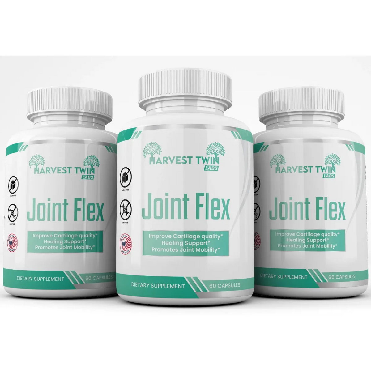 Three white bottles of Harvest Twin Labs Joint Flex dietary supplement arranged in a row against a clean white background.