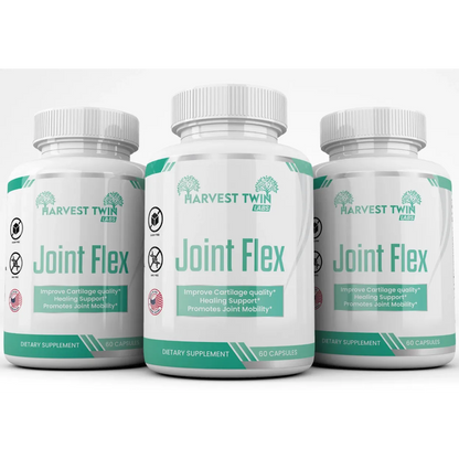 Three white bottles of Harvest Twin Labs Joint Flex dietary supplement arranged in a row against a clean white background.