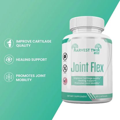 A white bottle of Harvest Twin Labs Joint Flex dietary supplement capsules, set against a split green and white background with three benefit callouts on the left.