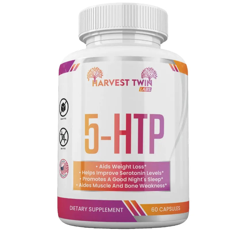 5-HTP 60 Capsules by Harvest Twin Labs – supports serotonin levels, sleep, weight loss and muscle health – sugar-free, GMO-free dietary supplement