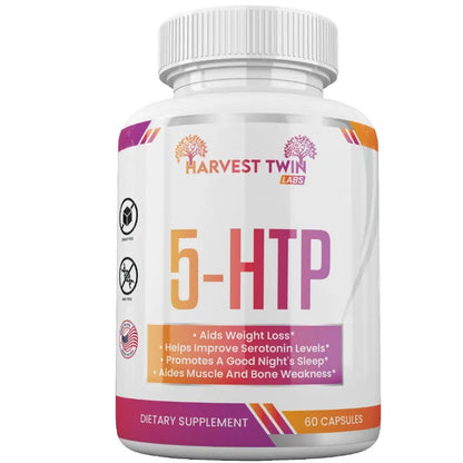 5-HTP 60 Capsules by Harvest Twin Labs – supports serotonin levels, sleep, weight loss and muscle health – sugar-free, GMO-free dietary supplement