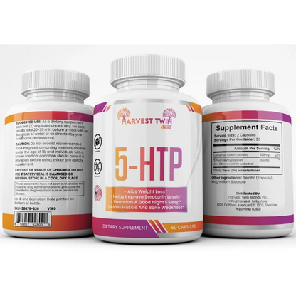 5-HTP 60 Capsules by Harvest Twin Labs – supports serotonin levels, sleep, weight loss and muscle health – sugar-free, GMO-free dietary supplement