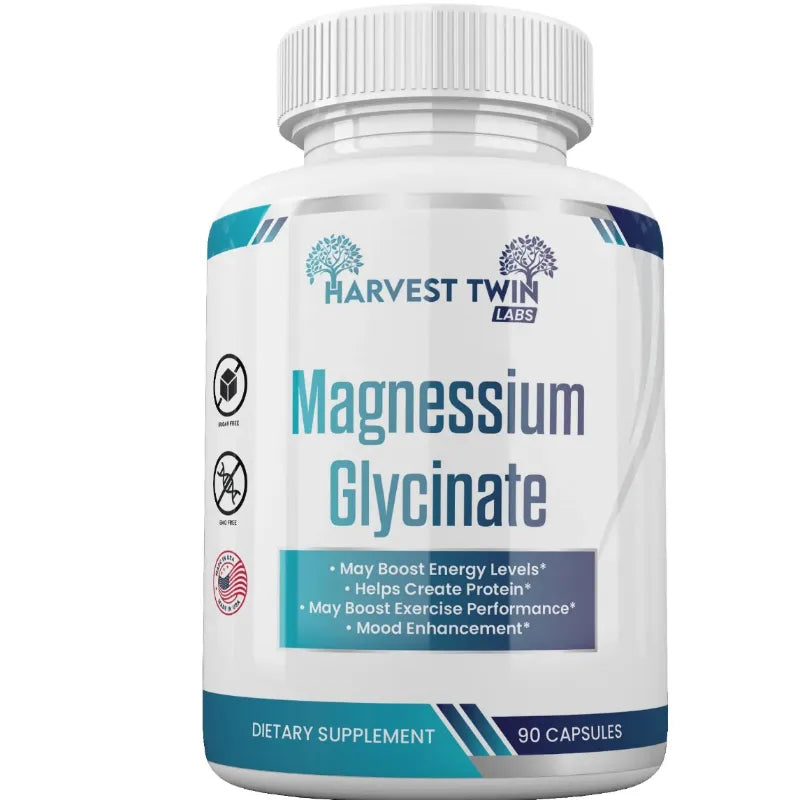 A white bottle of Harvest Twin Labs Magnesium Glycinate dietary supplement with a white ribbed cap, featuring a white label with blue and teal accents and text.