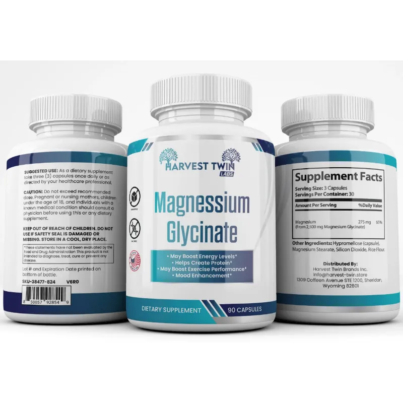 Three supplement bottles for Harvest Twin Labs Magnesium Glycinate, showing the back, front, and front supplement facts labels on a white background.
