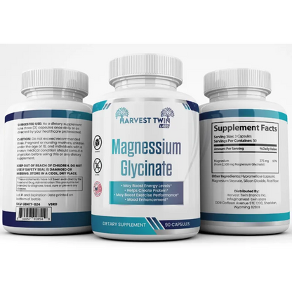 Three supplement bottles for Harvest Twin Labs Magnesium Glycinate, showing the back, front, and front supplement facts labels on a white background.