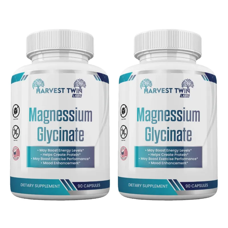 Two white bottles of Harvest Twin Labs Magnesium Glycinate dietary supplements side by side on a white background.