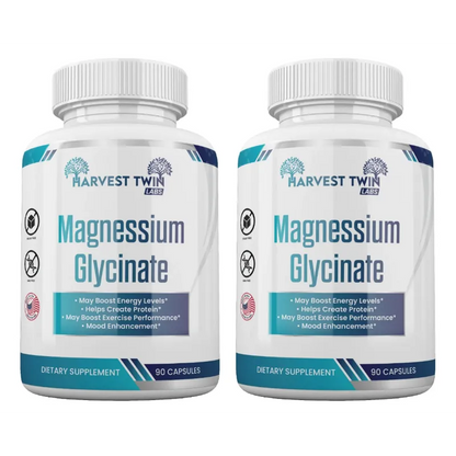 Two white bottles of Harvest Twin Labs Magnesium Glycinate dietary supplements side by side on a white background.