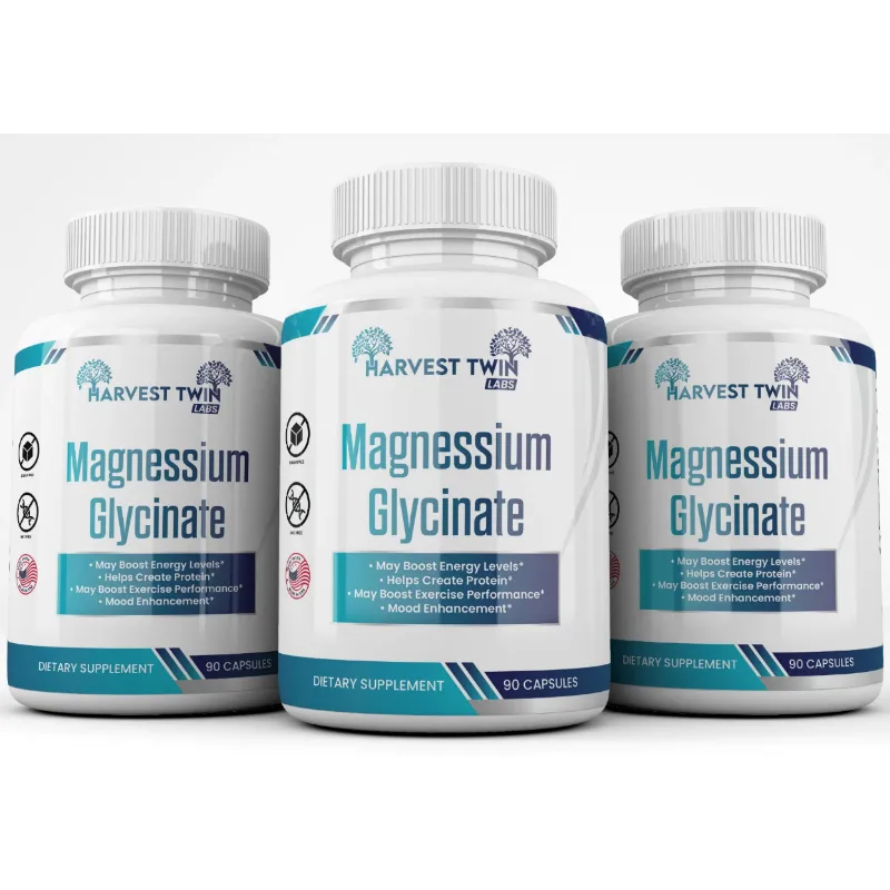 Three white bottles of Harvest Twin Labs Magnesium Glycinate dietary supplements arranged side by side on a light gray background.