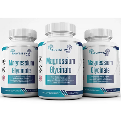 Three white bottles of Harvest Twin Labs Magnesium Glycinate dietary supplements arranged side by side on a light gray background.