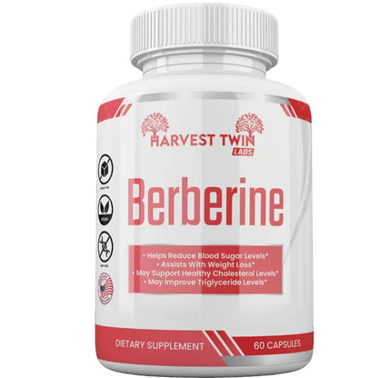 A white plastic bottle of Harvest Twin Labs Berberine dietary supplement with a white ribbed cap, featuring a white label with red text and accents.