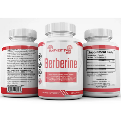 Three supplement bottles labeled Harvest Twin Berberine, shown against a plain white background. The center bottle is front-facing with the product name and label visible, while the left and right bottles show the back and side labels respectively.