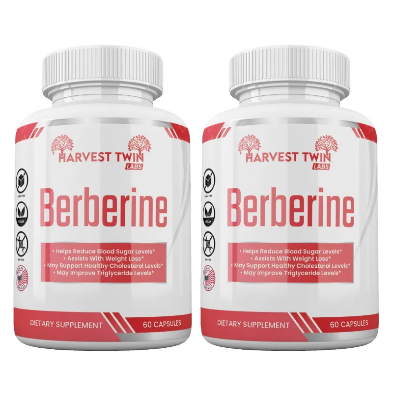 Two white bottles of Harvest Twin Labs Berberine dietary supplement, side by side on a plain white background.