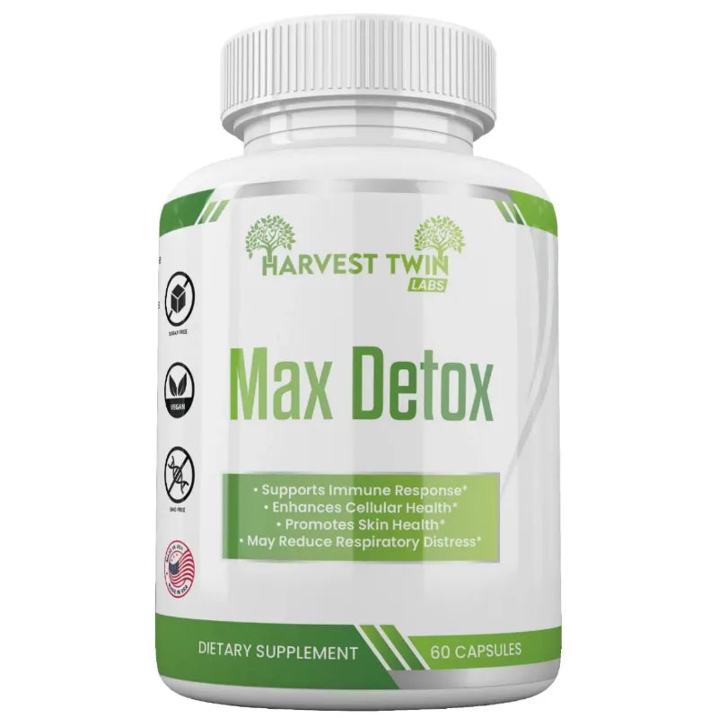 A white plastic bottle of Harvest Twin Labs Max Detox dietary supplement with a white cap, featuring green and black text and icons on the label.