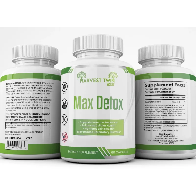 Three white supplement bottles labeled Harvest Twin Max Detox, showing the front label and the back supplement facts panels on a white background.