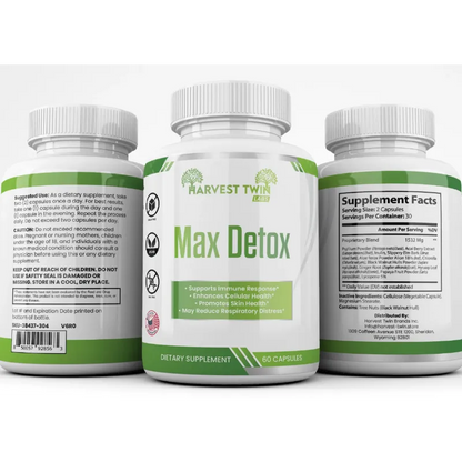 Three white supplement bottles labeled Harvest Twin Max Detox, showing the front label and the back supplement facts panels on a white background.