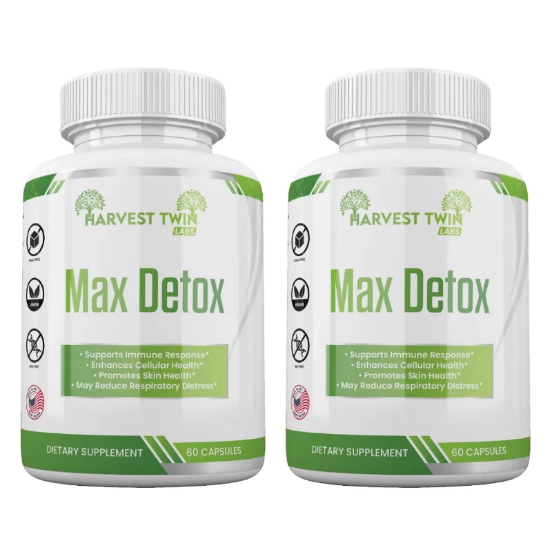 Two white bottles of Harvest Twin Labs Max Detox dietary supplement side by side on a white background.