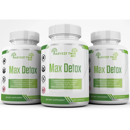 Three white plastic bottles of Harvest Twin Labs Max Detox dietary supplement, arranged in a row against a white background.