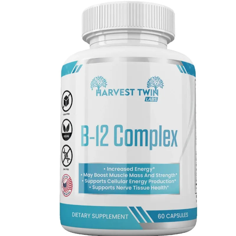 A white bottle of Harvest Twin Labs B-12 Complex dietary supplement with a white cap, featuring a white and blue label on a solid white background.