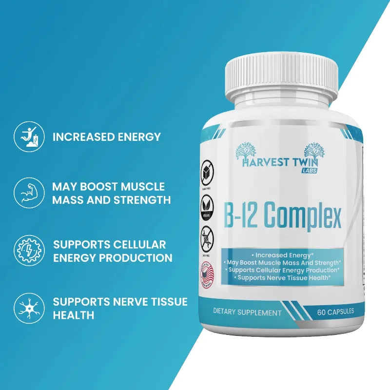 A bottle of Harvest Twin Labs B-12 Complex dietary supplement on a blue and white graphic background with text highlighting benefits like increased energy and muscle strength.