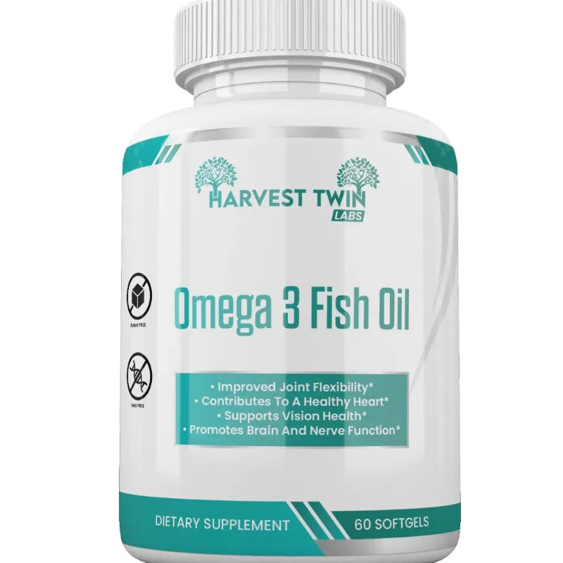 A white bottle of Harvest Twin Labs Omega 3 Fish Oil dietary supplement with a white cap, featuring teal and green accents on the label.