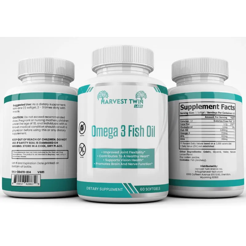 Three supplement bottles for Harvest Twin Omega 3 Fish Oil, showing the back, front, and side labels on a clean white background.