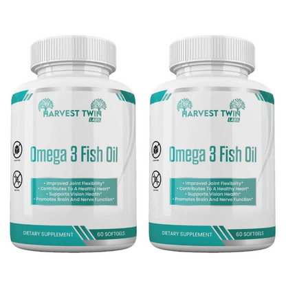Two white bottles of Harvest Twin Labs Omega 3 Fish Oil dietary supplement, side by side on a white background.