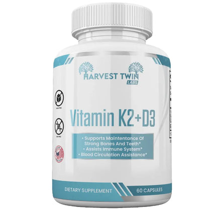 A white bottle of Harvest Twin Labs Vitamin K2+D3 dietary supplement with a white ribbed cap, featuring a white label with teal and blue accents and black text.