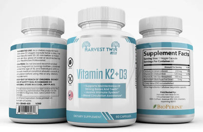 Three bottles of Harvest Twin Vitamin K2+D3 supplements on a white background
