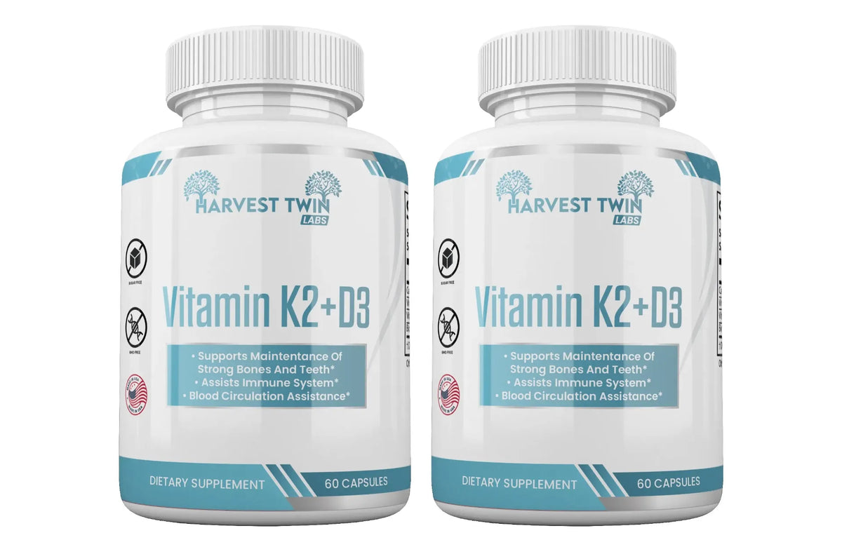 Two white bottles of Harvest Twin Labs Vitamin K2+D3 dietary supplement side by side on a white background.