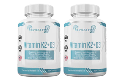 Two white bottles of Harvest Twin Labs Vitamin K2+D3 dietary supplement side by side on a white background.
