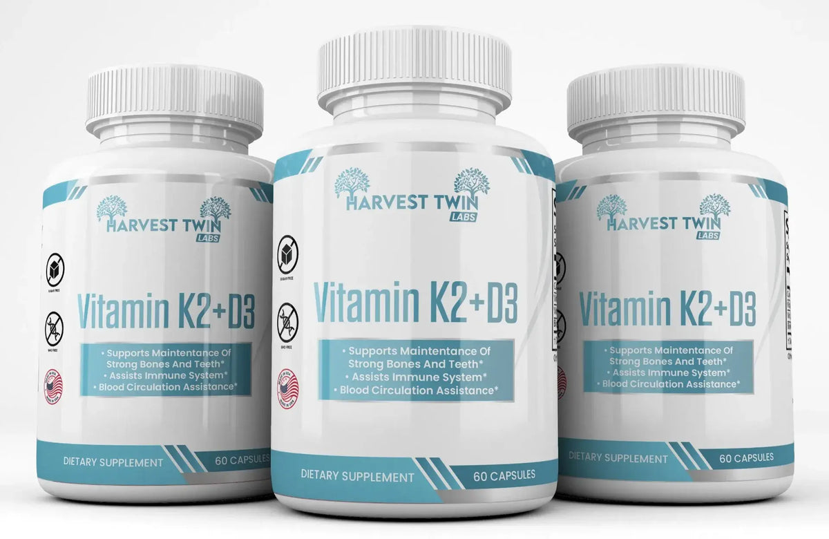 Three bottles of Harvest Twin Vitamin K2+D3 on a white background