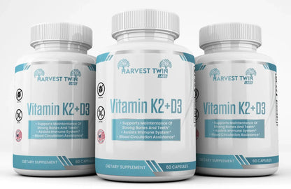 Three bottles of Harvest Twin Vitamin K2+D3 on a white background