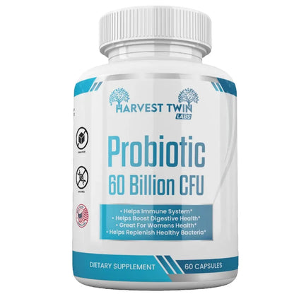 A white bottle of Harvest Twin Labs Probiotic 60 Billion CFU dietary supplement, featuring a white ribbed cap and a white label with blue and teal text and accents.