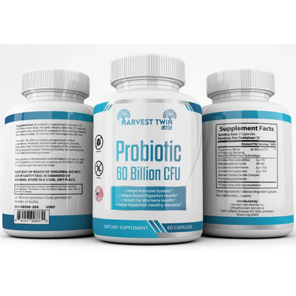 Three supplement bottles on a plain white background, with the center bottle facing forward and the left and right bottles showing the back and supplement facts panels. The label reads Harvest Twin Labs and Probiotic 60 Billion CFU.