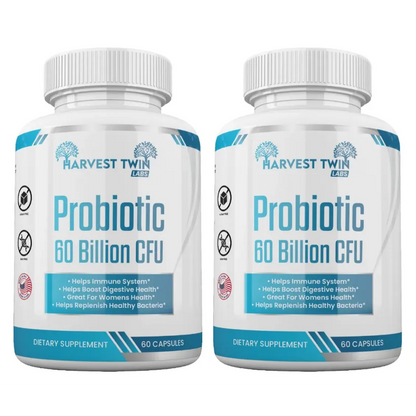 Two white bottles of Harvest Twin Labs Probiotic 60 Billion CFU dietary supplements shown side by side on a plain white background.