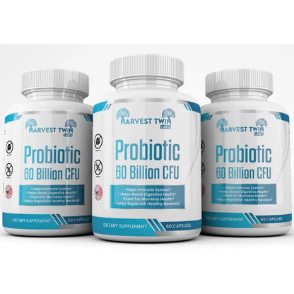 Three white bottles of Harvest Twin Probiotic 60 Billion CFU dietary supplements arranged in a clean studio shot against a white background.