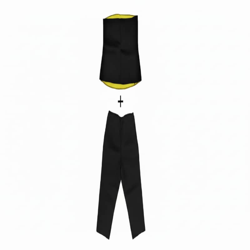 Black and yellow balaclava with a matching black turtleneck on a white background