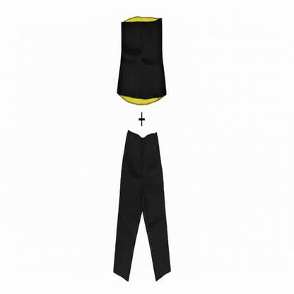 Black and yellow balaclava with a matching black turtleneck on a white background
