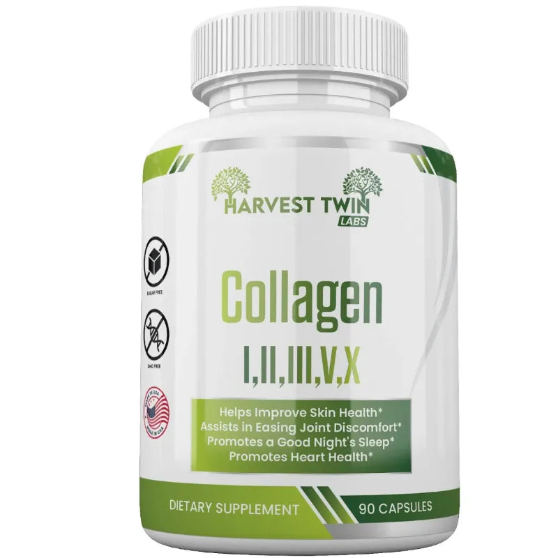 A white bottle of Harvest Twin Labs Collagen I, II, III, IV, V dietary supplement with a white cap, on a solid white background.