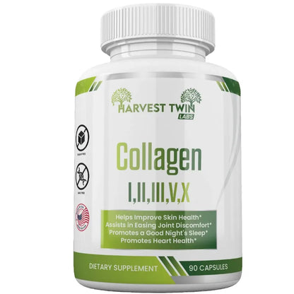 A white bottle of Harvest Twin Labs Collagen I, II, III, IV, V dietary supplement with a white cap, on a solid white background.